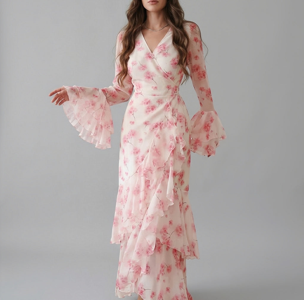 Floral Print Ruffled Bell-Sleeve Wrap Maxi Dress