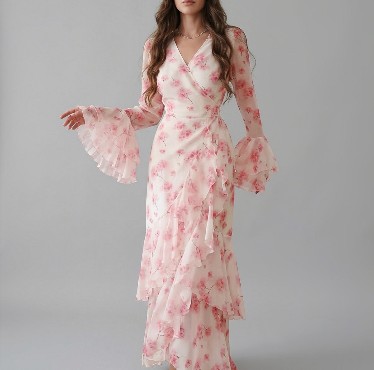 Floral Print Ruffled Bell-Sleeve Wrap Maxi Dress
