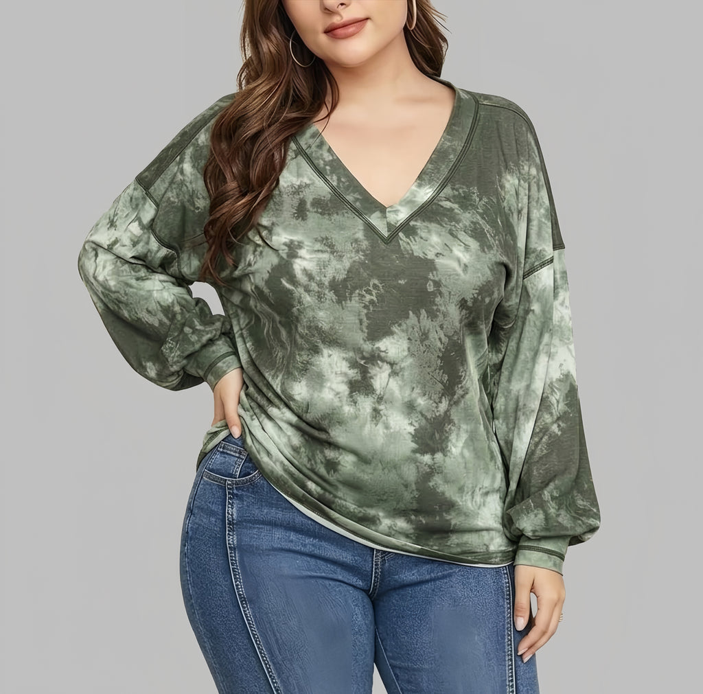 Women Knit Top Long Balloon Sleeve Tie Dye Blouse